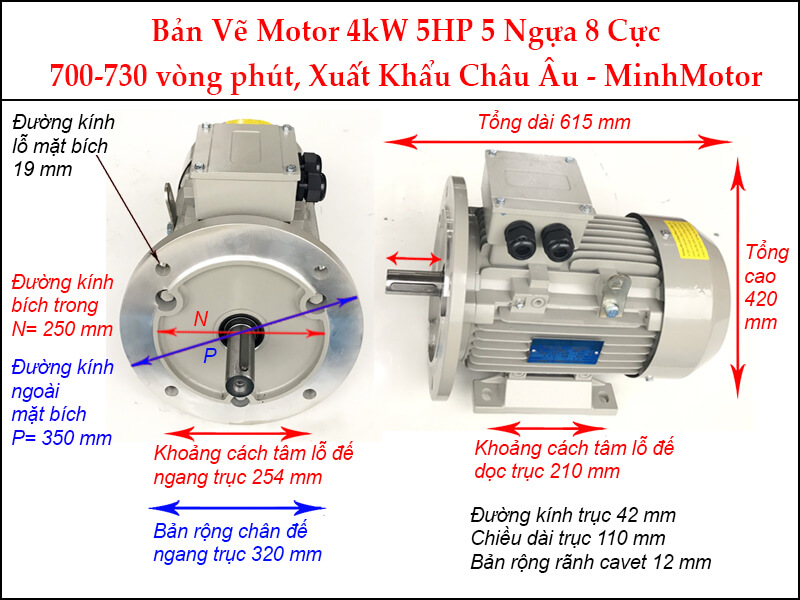 Motor 5Hp 4kw 8pole mặt bích