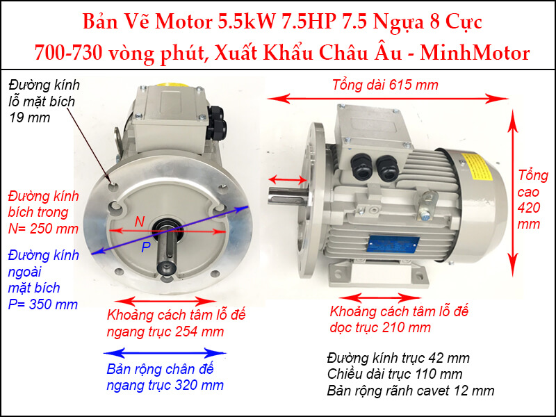 Motor 7.5Hp 5.5kw 8pole mặt bích
