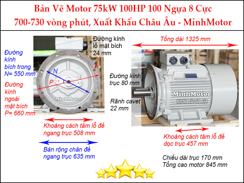 Motor điện 100Hp 75kw 8 pole mặt bích