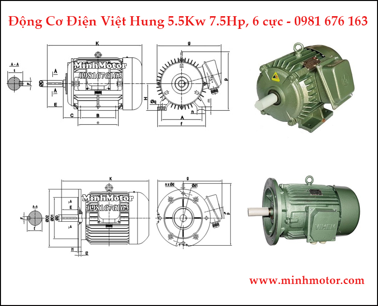 động cơ điện Việt Hung 5.5kw 7.5hp 6 cực