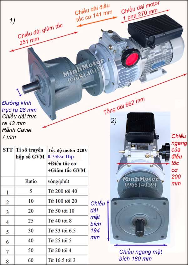 Bộ điều tốc motor 220v 1 pha 0.75Kw 1Hp GVM