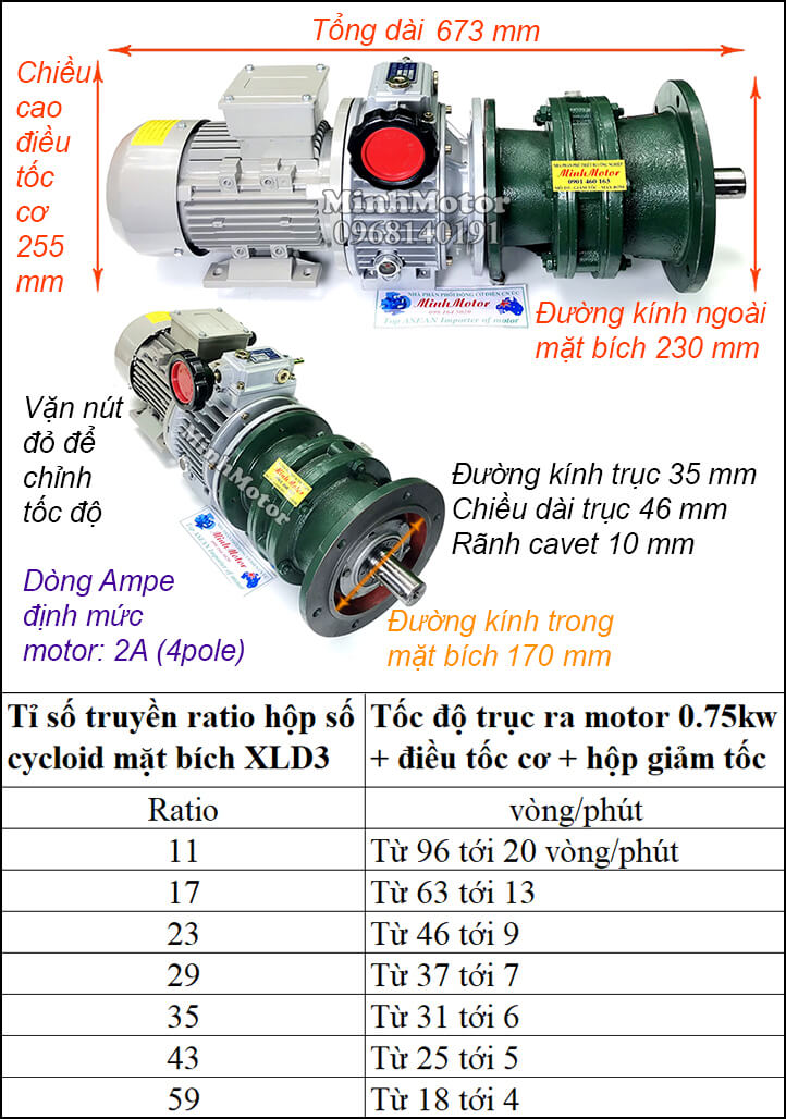 Bộ điều khiển motor 0.75Kw 1Hp cyclo mặt bích XLD3