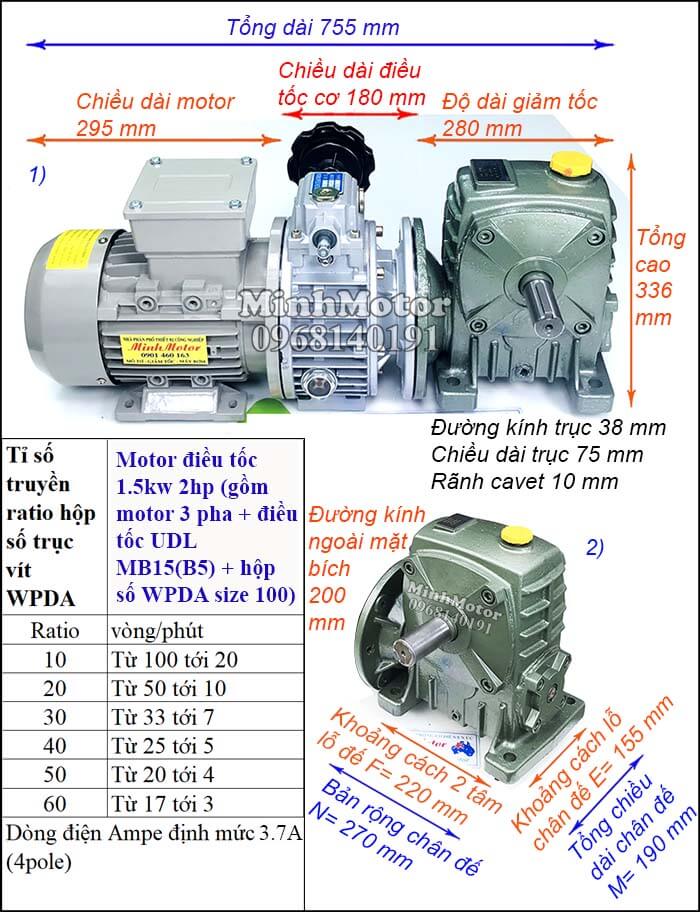 Motor điều chỉnh tốc độ 1.5Kw 2Hp hộp giảm tốc cốt trục ngang Đài Loan WPDA size 100