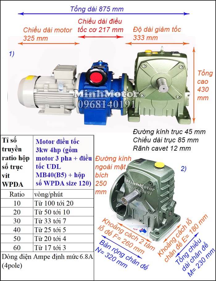 Motor điều chỉnh tốc độ 3Kw 4Hp hộp giảm tốc cốt trục ngang Đài Loan WPDA size 120