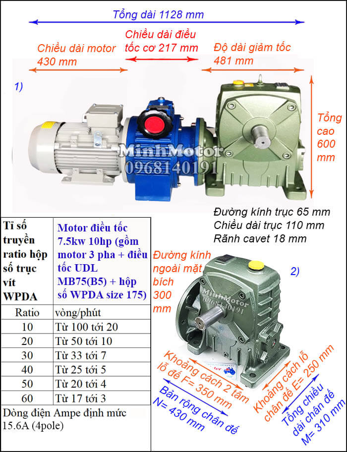 Motor điều chỉnh tốc độ 7.5Kw 10Hp hộp giảm tốc cốt trục ngang Đài Loan WPDA size 175