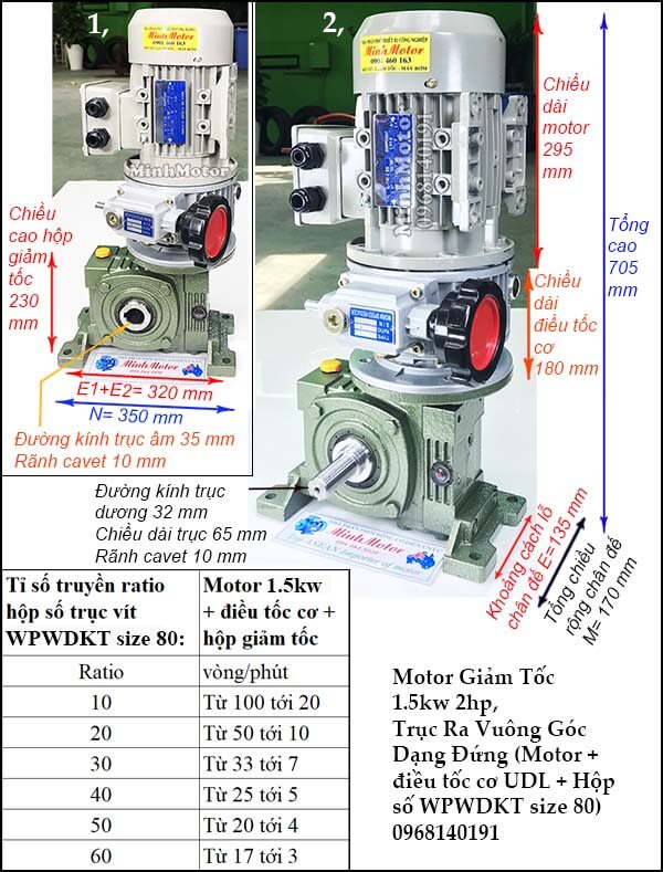 Motor điều chỉnh tốc độ 1.5Kw 2Hp hộp giảm tốc cốt trục vít WPWDKT size 80