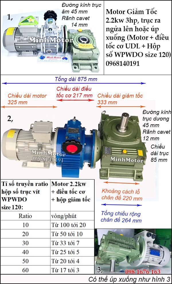 Motor điều chỉnh tốc độ 2.2Kw 3Hp hộp giảm tốc cốt trục ngang size WPWDO 120