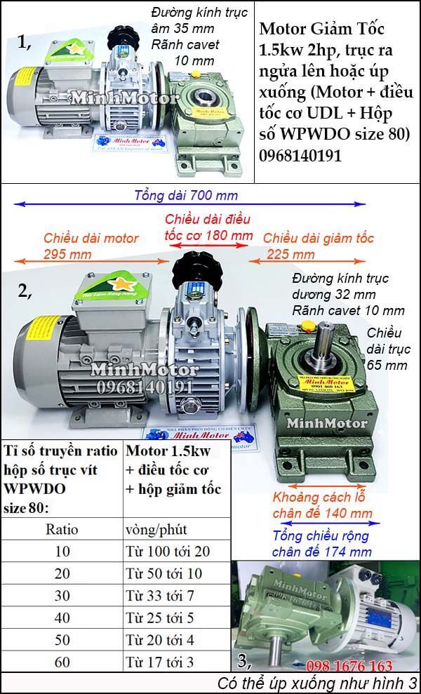 Motor điều chỉnh tốc độ 1.5Kw 2Hp hộp giảm tốc cốt trục ngang WPWDO size 80