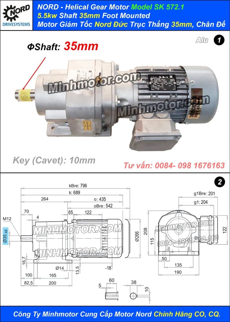 Motor Nord 5.5kw 7.5HP SK 572.1 trục ra 35mm