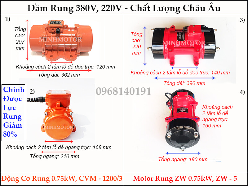 Bản vẽ kích thước đầm rung 0.75kw, CVM - 1200/3 hay motor rung ZW 0.75kw, ZW - 5