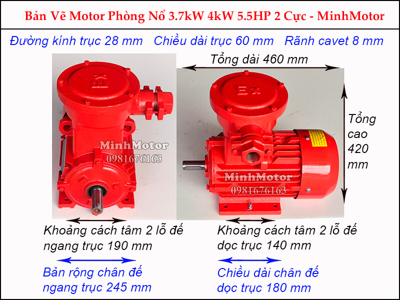 Bản vẽ motor phòng nổ chân đế 4kw 5.5HP 5.5 Ngựa 2 Cực